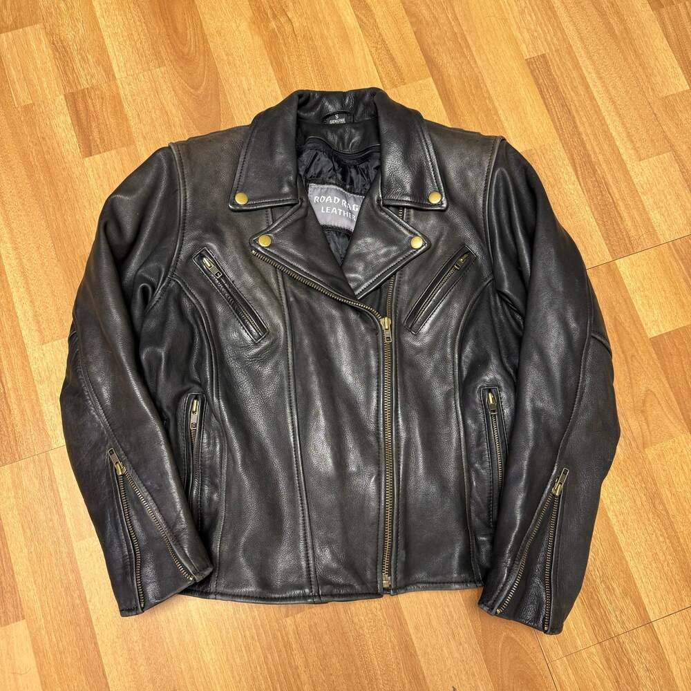 Women's Vintage Road Rage Black Leather Biker Motorcycle Jacket W/ Liner Sz S